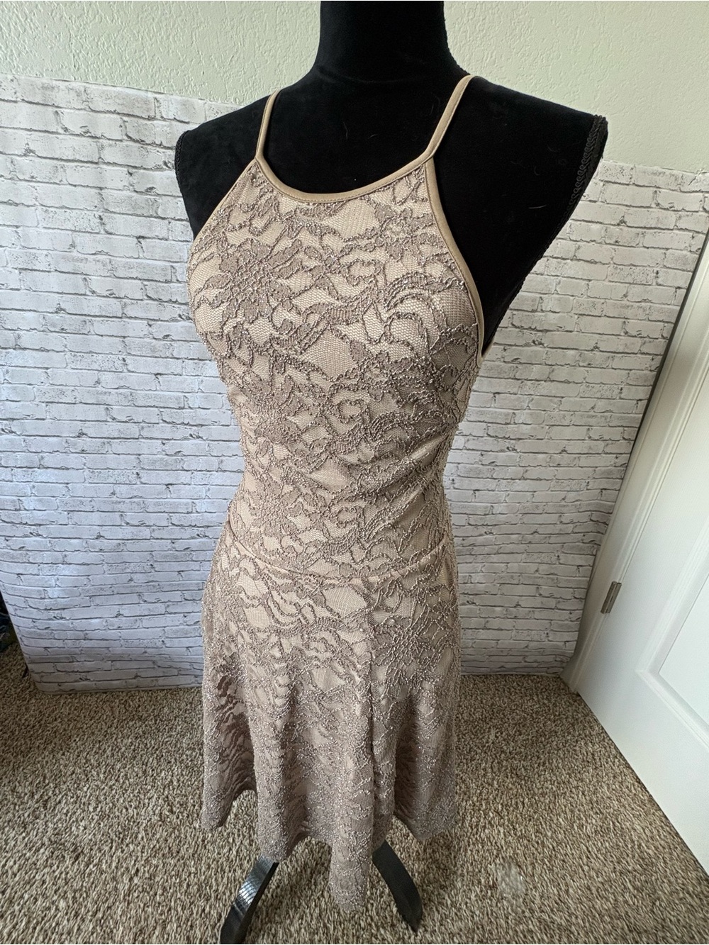 Honey and Rosie Taupe Lace Halter Mini Dress